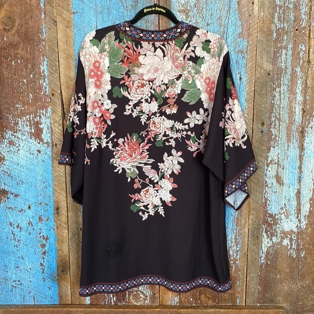 Flying Tomato Boho Kimono Black Floral Festival Cardigan Size M